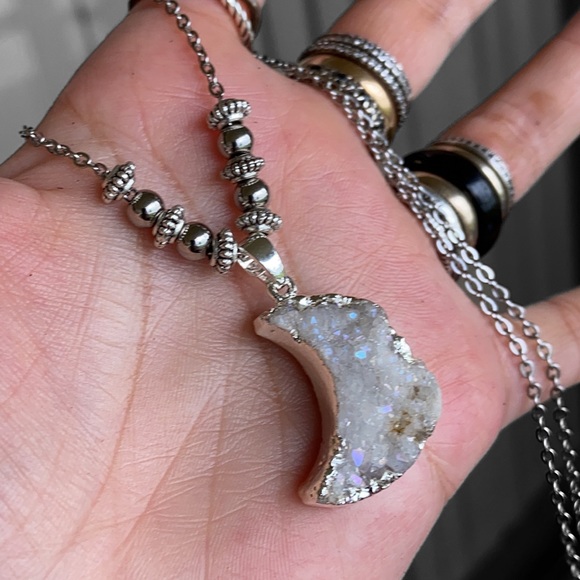 Iridescent Druzy crystal quartz crecent moon steel chain necklace boho stones - Picture 5 of 11